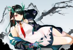 Rule 34 | 1girl, arknights, bare legs, bead bracelet, beads, black hair, black jacket, blue background, bracelet, branch, closed mouth, collared dress, colored skin, commentary, commentary request, dragon horns, dress, dusk (arknights), earrings, english commentary, expressionless, feet out of frame, green hair, green jacket, green skin, hair over one eye, hand up, highres, horns, jacket, jewelry, long hair, looking at viewer, lying, multicolored hair, necktie, off shoulder, on side, one eye covered, open clothes, open jacket, pointy ears, red eyes, red necktie, sleeveless, sleeveless dress, slit pupils, solo, streaked hair, white dress, yodle