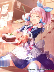 Rule 34 | 1girl, absurdres, apron, closed eyes, gyakushuu no fantasica, heart, highres, kneeling, kokka han, messy, messy room, open mouth, oven mitts, pink hair, short hair, sitting, solo, striped clothes, striped thighhighs, thighhighs, wariza