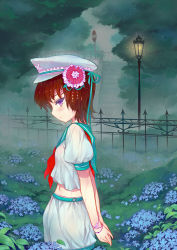 Rule 34 | 1girl, arms behind back, bad id, bad pixiv id, bracelet, brown hair, contemporary, female focus, fence, flower, hair flower, hair ornament, hat, highres, hydrangea, jewelry, murasa minamitsu, nature, outdoors, purple eyes, rain, s.advent, sailor, sailor hat, see-through, short hair, sign, solo, touhou, water, wet, wet clothes