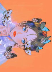 Rule 34 | 1girl, blue butterfly, blue eyes, blush, brown hair, bug, butterfly, butterfly on head, collar, dekooop, frilled collar, frills, hair behind ear, highres, insect, lipstick, makeup, orange background, original, own hands together, parted hair, parted lips, portrait, shirt, sideways, solo, symbol-only commentary, white shirt