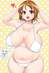 Rule 34 | 1girl, arms behind head, arms up, bra, breasts, brown hair, collarbone, curvy, female focus, heart, huge breasts, navel, open mouth, panties, shiny skin, short hair, sina and d, smile, standing, underwear, wide hips