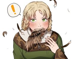 Rule 34 | !, 1girl, animal, bad id, bad twitter id, bird, blonde hair, blush, eating, elden ring, feathered wings, feathers, green eyes, hawk, highres, looking at viewer, braided hair rings, rya (elden ring), simple background, solo, spoken exclamation mark, timnehparrot, upper body, vore, white background, wings