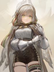 Rule 34 | 1girl, absurdres, arknights, black cape, black shorts, bright pupils, cape, closed mouth, cowboy shot, fartooth (arknights), feather hair, gauntlets, gradient background, helmet, high-waist shorts, highres, long hair, looking at viewer, qiangjitong, shirt, shorts, silver hair, solo, thigh strap, very long hair, white shirt, yellow background, yellow eyes