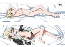 Rule 34 | 1girl, animal ears, ass, bare legs, bed sheet, blonde hair, blue eyes, breasts, covering privates, covering breasts, dakimakura (medium), dog ears, dog tail, erica hartmann, full body, legs, looking at viewer, navel, no bra, official art, open clothes, panties, short hair, small breasts, strike witches, tail, topless, underwear, white panties, world witches series
