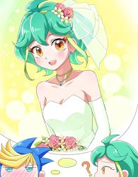 Rule 34 | 1boy, 1girl, :d, ?, ahoge, alternate costume, bare shoulders, blonde hair, blue hair, blush, bouquet, breasts, bridal veil, cleavage, collarbone, dress, dyed bangs, earrings, elbow gloves, flower, gloves, green dress, green hair, hair flower, hair ornament, imagining, jewelry, joman, looking at viewer, multicolored hair, necklace, nose blush, open mouth, orange eyes, rin (yu-gi-oh!), short hair, small breasts, smile, spiked hair, two-tone hair, veil, wedding dress, white gloves, yu-gi-oh!, yu-gi-oh! arc-v, yuugo (yu-gi-oh!)
