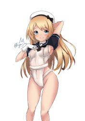 Rule 34 | 1girl, adapted costume, arm behind head, artist logo, blonde hair, blue eyes, blue sailor collar, commentary request, cowboy shot, gloves, hat, highres, jervis (kancolle), kantai collection, kuga zankurou, leotard, looking at viewer, one-hour drawing challenge, sailor collar, sailor hat, solo, standing, white gloves, white hat, white leotard