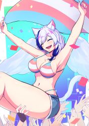 1girl absurdres animal_ears armpits bikini breasts cat_ears cat_tail confetti denim denim_shorts eyeshadow feathered_wings flag held_up highres indie_virtual_youtuber karan_koron100 large_breasts lgbt_pride makeup multicolored_hair navel panties rhea_aitken short_hair shorts solo string_bikini string_panties swimsuit tail thick_thighs thighs underwear virtual_youtuber wings