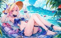 Rule 34 | 1girl, :d, absurdres, adapted costume, armpits, bare shoulders, barefoot, bikini, blue bikini, blue bow, bow, chen ying (alan-yut), choker, commentary, commission, cup, drinking glass, flower, genshin impact, hat, hat flower, highres, holding, holding cup, innertube, long hair, looking at viewer, lying, ocean, off shoulder, on back, open clothes, open mouth, open shirt, pink hair, purple eyes, sangonomiya kokomi, see-through, smile, solo, strapless, strapless bikini, sun hat, swim ring, swimsuit, thigh strap, thighs, very long hair, water, white flower