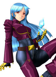 Rule 34 | 1girl, absurdres, belt, blue hair, blush, breasts, chaps, cropped jacket, crystal, full-length zipper, highres, kula diamond, legs, long hair, looking at viewer, qkat (arikawa-dou), red eyes, serious, simple background, small breasts, solo, standing, the king of fighters, thighs, white background, zipper