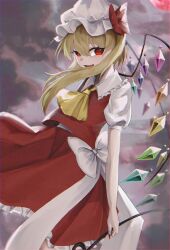 Rule 34 | 1girl, ascot, blonde hair, cowboy shot, crystal wings, dress, flandre scarlet, highres, laevatein (touhou), mek0 a, puffy short sleeves, puffy sleeves, red dress, red eyes, red ribbon, ribbon, short sleeves, side ponytail, solo, touhou, white mob cap, white ribbon, yellow ascot
