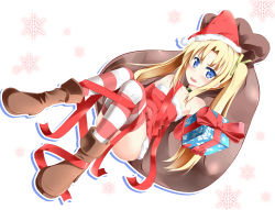 Rule 34 | 1girl, absurdres, bare shoulders, blonde hair, blue eyes, blush, catstudioinc (punepuni), gift, gloves, hat, highres, long hair, looking at viewer, open mouth, original, red gloves, ribbon, santa hat, simple background, snowflakes, solo, striped clothes, striped thighhighs, thighhighs, twintails, white background