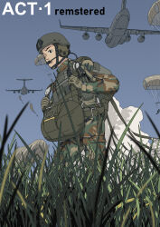 Rule 34 | airborne, aircraft, c-130 hercules, camouflage, camouflage pants, english text, etmc1992, gloves, grass, headset, helmet, highres, load bearing vest, military, military vehicle, original, pants, parachute, sky, tactical clothes, transport plane