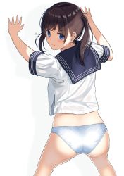 Rule 34 | 1girl, ass, blue eyes, blush, brown hair, burenbo, closed mouth, commentary, commentary request, from behind, hair strand, highres, long hair, looking at viewer, looking back, no pants, original, panties, school uniform, serafuku, short sleeves, simple background, solo, standing, twintails, underwear, white panties