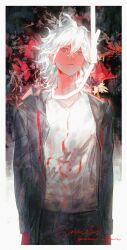 Rule 34 | 1boy, abstract, black jacket, colored skin, copyright request, floral background, highres, implied suicide, jacket, looking at viewer, noose, pink eyes, pink skin, shirt, tttti (tttinpc), white hair, white shirt
