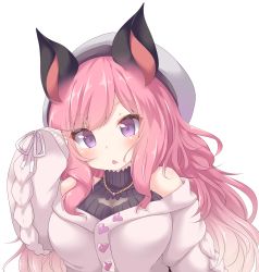 Rule 34 | 1girl, animal ears, animare, bat ears, black shirt, blush, breasts, chestnut mouth, daidai ookami, fang, grey hat, hair ornament, hand up, hat, highres, jacket, jewelry, large breasts, long hair, long sleeves, nanashi inc., necklace, parted lips, pink hair, puffy long sleeves, puffy sleeves, purple eyes, ribbed shirt, shirt, sidelocks, sleeveless, sleeveless shirt, sleeves past wrists, solo, transparent background, umori hinako, upper body, virtual youtuber, white background, white jacket