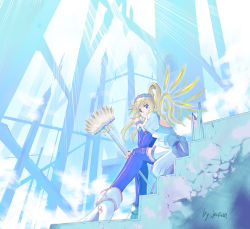 Rule 34 | 1girl, angel, back, backless outfit, bare back, blonde hair, blue eyes, boots, dress, earrings, feathers, female focus, happy, high heels, jewelry, original, ribbon, shoes, sitting, smile, solo, staff, stairs, thighhighs, xiacheng tatsuya, zettai ryouiki