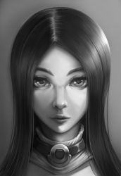 Rule 34 | 1girl, bad id, bad pixiv id, caitlyn (league of legends), close-up, eyelashes, female focus, gradient background, greyscale, unworn headwear, highres, league of legends, long hair, monochrome, nose, oldlim, portrait, simple background, solo