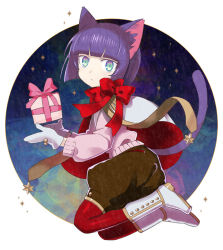 Rule 34 | 1other, :&lt;, androgynous, animal ears, blue eyes, blunt bangs, bob cut, boots, bow, capelet, cat ears, cat tail, commentary request, full body, gift, gloves, kuroi nyan, kuroinyan, long sleeves, looking at viewer, looking to the side, multicolored eyes, night, night sky, original, other focus, pixiv fantasia, pixiv fantasia new world, purple hair, red legwear, red ribbon, ribbon, short hair, sky, solo, star (symbol), sweater, tail, white background, white footwear, white gloves