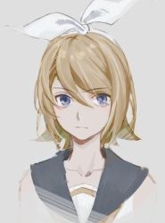 Rule 34 | 1girl, bare shoulders, black collar, blonde hair, blue eyes, bow, collar, collarbone, collared shirt, grey background, hair bow, kagamine rin, light frown, looking at viewer, portrait, sailor collar, shirt, short hair, sleeveless, sleeveless shirt, solo, vocaloid, white bow, white shirt, wounds404