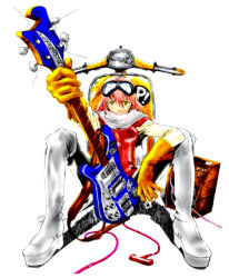 Rule 34 | 00s, 1girl, amplifier, bass guitar, boots, colorized, flcl, gloves, goggles, goggles on head, haruhara haruko, instrument, motor vehicle, pink hair, sadamoto yoshiyuki, scarf, scooter, sitting, smile, smirk, solo, thigh boots, thighhighs, vehicle, vespa, yellow eyes