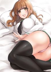 Rule 34 | 1girl, :d, ass, beckoning, bed sheet, black neckerchief, black thighhighs, blouse, blunt bangs, blush, breasts, brown eyes, brown hair, commentary request, feet out of frame, fingernails, from above, girls und panzer, green skirt, highres, knees together feet apart, large breasts, long hair, long sleeves, looking at viewer, lying, miniskirt, neckerchief, on side, ooarai school uniform, open mouth, panties, pillow, pink panties, pleated skirt, sailor collar, school uniform, serafuku, shirt, skirt, smile, solo, takebe saori, tarou (komekueyo), teeth, thighhighs, underwear, upper teeth only, wavy hair, white sailor collar, white shirt