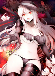 Rule 34 | 1girl, :d, abyssal ship, aircraft carrier summer princess, bikini, black bikini, black hat, breasts, collarbone, hat, kantai collection, long hair, looking at viewer, medium breasts, navel, open mouth, orange eyes, pale skin, revision, rui shi (rayze ray), side-tie bikini bottom, smile, solo, straw hat, sun hat, swimsuit, teeth, torn bikini, torn clothes, underboob, upper teeth only, white hair