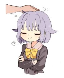 Rule 34 | 1boy, 1girl, puff of air, bad id, bad pixiv id, blunt bangs, blush, bob cut, bow, bowtie, brown eyes, buttons, closed eyes, commentary, cropped torso, crossed arms, disembodied hand, grey jacket, hair flaps, hands up, headpat, highres, idolmaster, idolmaster cinderella girls, jacket, koshimizu sachiko, light purple hair, long sleeves, open mouth, pink sailor collar, sailor collar, school uniform, seu 9 (banya), short hair, simple background, smile, smug, solo focus, upper body, v-shaped eyebrows, white background, yellow neckwear