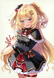 Rule 34 | 1girl, absurdres, akai haato, akai haato (gothic lolita), aqua eyes, black dress, blonde hair, blush, breasts, brooch, buttons, cowboy shot, double-breasted, dress, frilled dress, frills, gothic lolita, hair ornament, hair ribbon, hairclip, hanamura pink, heart, heart hair ornament, highres, hololive, jewelry, layered skirt, lolita fashion, long hair, long sleeves, looking at viewer, medium breasts, nail polish, open mouth, own hands together, red nails, red ribbon, ribbon, short dress, simple background, skirt, smile, solo, swept bangs, thigh strap, two side up, very long hair, virtual youtuber, wavy hair