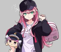 Rule 34 | 1girl, aikawa megumi, backpack, bag, black hat, black jacket, character doll, closed mouth, furby hmt, green eyes, grey background, hat, heaven burns red, highres, holding, holding bag, jacket, kunimi tama, long hair, long sleeves, looking at viewer, military hat, open clothes, open jacket, pink bag, pink hair, shirt, solo, union jack, upper body, white shirt