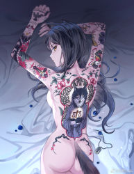 Rule 34 | 1girl, animal ears, arknights, arms up, ass, bed sheet, black hair, breasts, completely nude, cowboy shot, dog tags, from above, from behind, full-body tattoo, haidan uniiii, highres, long hair, looking at viewer, looking back, looking up, lying, medium breasts, nude, on bed, on stomach, orange eyes, parted lips, sideboob, solo, tail, tattoo, texas (arknights), wolf ears, wolf girl, wolf tail