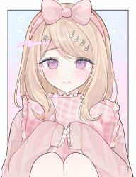 1girl akamatsu_kaede alternate_costume border bow danganronpa_(series) danganronpa_v3:_killing_harmony fortissimo hair_bow hair_ornament highres knees_up long_hair long_sleeves mi_suri musical_note musical_note_hair_ornament pillow pink_bow pink_eyes sleeves_past_wrists solo white_border