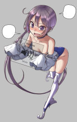 Rule 34 | 1girl, akebono (kancolle), bare shoulders, blank speech bubble, blush, breasts, choker, cleavage, commentary, cosplay, fang, fate/grand order, fate (series), flower, frills, grey background, hair flower, hair ornament, highres, holding, kantai collection, leotard, long hair, meltryllis, meltryllis (fate), meltryllis (swimsuit lancer) (fate), meltryllis (swimsuit lancer) (fate) (cosplay), meltryllis (swimsuit lancer) (second ascension) (fate), nose blush, open mouth, purple eyes, purple hair, side ponytail, simple background, skin fang, sleeves past fingers, sleeves past wrists, small breasts, solo, speech bubble, template, thighs, volume symbol, yuki to hana
