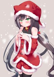 Rule 34 | 1girl, bad id, bad pixiv id, bare shoulders, beige background, bell, black thighhighs, blush, brown background, brown hair, buttons, cat girl, cat tail, christmas, closed mouth, commentary, cowboy shot, dress, fingers together, fur-trimmed dress, fur-trimmed shorts, fur trim, green eyes, hat, highres, karyl (princess connect!), long hair, long sleeves, looking at viewer, multicolored hair, neck bell, princess connect!, santa costume, santa hat, shorts, sidelocks, snowing, solo, streaked hair, tail, tail raised, tamariyazuna, thighhighs, twintails, white hair, wide sleeves