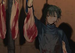 Rule 34 | 1boy, apron, arm up, asawa (dm owr), bishounen, black apron, blood, blood on face, blue shirt, blunt bangs, butcher, closed mouth, dark, expressionless, food, green hair, highres, looking up, male focus, meat, original, red eyes, shadow, shirt, short hair, short ponytail, solo, upper body