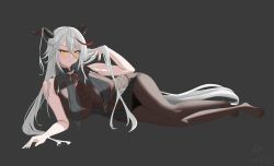 Rule 34 | 1girl, absurdly long hair, absurdres, aegir (azur lane), akabane (7558), areola slip, azur lane, black background, black panties, black skirt, bodystocking, breast curtains, breasts, cross, cross-laced clothes, cross earrings, demon horns, earrings, hair on horn, hand in own hair, highres, horns, iron cross, jewelry, large breasts, long hair, looking at viewer, lying, microskirt, multicolored hair, on side, panties, panties under bodystocking, pantyhose, red hair, simple background, skirt, slit pupils, solo, streaked hair, thighs, two-tone hair, underwear, very long hair, white hair, yellow eyes