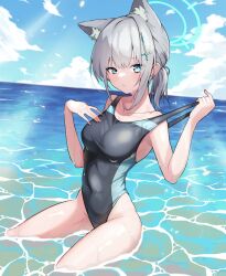 Rule 34 | 1girl, absurdres, animal ear fluff, animal ears, black one-piece swimsuit, blue archive, blue eyes, blue sky, breasts, clothes pull, cloud, competition swimsuit, covered navel, cross hair ornament, day, extra ears, grey hair, hair ornament, halo, highres, horizon, looking at viewer, low ponytail, medium breasts, medium hair, mismatched pupils, monukeke, multicolored clothes, multicolored swimsuit, ocean, official alternate costume, one-piece swimsuit, one-piece swimsuit pull, outdoors, shiroko (blue archive), shiroko (swimsuit) (blue archive), sitting, sky, solo, swimsuit, wolf ears