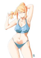 Rule 34 | 1girl, armpits, automatic giraffe, blonde hair, blue eyes, breasts, large breasts, long hair, looking at viewer, metroid, mole, mole under mouth, navel, nintendo, ponytail, red legwear, samus aran, simple background, solo, super smash bros., swimsuit, thigh gap