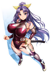 Rule 34 | 1girl, alternate costume, bare shoulders, bow, breasts, covered navel, elbow gloves, covered erect nipples, fishnets, full body, gloves, hair bow, hassen (8cm), holding, holding sword, holding weapon, huge breasts, katana, leotard, long hair, looking at viewer, ponytail, purple eyes, purple hair, red gloves, sheath, sheathed, solo, standing, sword, taimanin (series), taimanin asagi, taimanin suit, thighhighs, touhou, watatsuki no yorihime, weapon, yellow bow