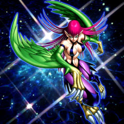 Rule 34 | 1girl, armpits, breasts, claws, duel monster, green eyes, harpie lady, harpy, monster girl, navel, no bra, pink hair, pointy ears, solo, tagme, wings, yu-gi-oh!
