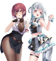Rule 34 | 2girls, black bra, black gloves, black skirt, blue hair, blush, bodystocking, bra, breasts, cleavage, collared shirt, dress, earrings, fingerless gloves, gawr gura, gloves, gold earrings, grey hair, heart, heart earrings, heart necklace, high-waist skirt, highres, hololive, hololive english, hololive idol uniform (bright), houshou marine, houshou marine (businesswoman), id card, jewelry, large breasts, looking at viewer, medium hair, multicolored hair, multiple girls, necklace, official alternate costume, open mouth, partially unbuttoned, red eyes, red hair, shirt, short hair, skirt, sleeveless, sleeveless shirt, small breasts, streaked hair, thigh strap, two side up, unbuttoned, unbuttoned shirt, underwear, virtual youtuber, white dress, white skirt, white wrist cuffs, wrist cuffs, ya ta, yellow eyes