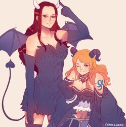 2girls arm_tattoo artist_name blue_dress blue_gloves breasts caydeus cleavage commentary curled_horns dress elbow_gloves english_commentary gloves highres horns jewelry looking_at_viewer multiple_girls nami_(one_piece) necklace nico_robin one_eye_closed one_piece orange_hair sidelocks signature simple_background smile strapless strapless_dress tail tattoo wings