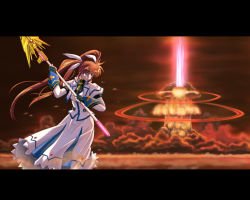 Rule 34 | 00s, 1girl, explosion, fingerless gloves, gloves, jacket, letterboxed, lyrical nanoha, magazine (weapon), magical girl, mahou shoujo lyrical nanoha, mahou shoujo lyrical nanoha strikers, mushroom cloud, nuclear weapon, open clothes, open jacket, raising heart, solo, takamachi nanoha, twintails, white devil