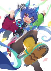 Rule 34 | 1girl, absurdres, ahoge, animal ears, aqua hair, black bodysuit, blue eyes, blue hair, bodysuit, boots, clenched hands, coat, confetti, foreshortening, from below, hair ribbon, heterochromia, highres, hood, hood down, hooded coat, horse ears, horse girl, horse tail, jumping, leg up, long hair, long sleeves, looking at viewer, mearyo, multicolored coat, multicolored hair, open mouth, purple eyes, raised fist, ribbon, sharp teeth, sidelocks, smile, solo, stuffed animal, stuffed rabbit, stuffed toy, tail, teeth, twin turbo (umamusume), twintails, two-tone hair, umamusume, white background, white ribbon, yellow footwear