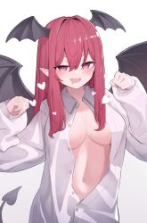 Rule 34 | 1girl, bat wings, black wings, blush, breasts, demon tail, drooling, garasuno, head wings, heart, highres, koakuma, long hair, long sleeves, mouth drool, navel, open clothes, open mouth, pointy ears, red hair, shirt, solo, tail, touhou, wings