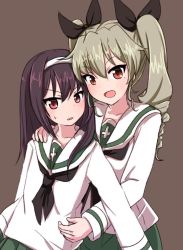 Rule 34 | 10s, 2girls, alternate costume, anchovy (girls und panzer), black hair, black neckerchief, black ribbon, blouse, brown eyes, chawan (yultutari), closed mouth, drill hair, girls und panzer, green hair, green skirt, grey background, hair ribbon, hairband, highres, hug, hug from behind, long hair, long sleeves, looking at viewer, multiple girls, neckerchief, ooarai school uniform, parted lips, pleated skirt, red eyes, reizei mako, ribbon, school uniform, serafuku, shirt, skirt, smile, standing, sweatdrop, twin drills, twintails, upper body, white hairband, white shirt