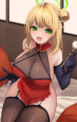 Rule 34 | 1girl, :d, absurdres, bed, blue archive, breasts, china dress, chinese clothes, cleavage, dress, elbow gloves, garter straps, gloves, green eyes, hair bun, highres, indoors, large breasts, light brown hair, looking at viewer, mimikaki, nonomi (blue archive), open mouth, pillow, red dress, see-through, single side bun, sleeveless, smile, soar sora222, thighhighs