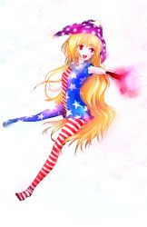 Rule 34 | 1girl, :d, american flag dress, american flag legwear, asymmetrical legwear, bad id, bad pixiv id, blonde hair, clownpiece, hat, hexagon, jester cap, long hair, mismatched legwear, nekoya (liu), open mouth, outstretched arms, pantyhose, red eyes, sleeveless, smile, solo, striped clothes, striped pantyhose, torch, touhou, very long hair, white background