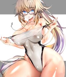 Rule 34 | 1girl, absurdres, bespectacled, black-framed eyewear, blonde hair, blue eyes, breasts, cleavage, clothes pull, competition swimsuit, covered erect nipples, covered navel, fate/grand order, fate (series), glasses, highleg, highleg swimsuit, highres, jeanne d&#039;arc (fate), jeanne d&#039;arc (swimsuit archer) (fate), jeanne d&#039;arc (swimsuit archer) (second ascension) (fate), large breasts, long hair, looking at viewer, one-piece swimsuit, one-piece swimsuit pull, ponytail, solo, swimsuit, two-tone swimsuit, whistle, whistle around neck, white one-piece swimsuit, yahoo0124