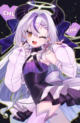 Rule 34 | 1girl, bare shoulders, detached sleeves, grey hair, highres, hololive, horns, la+ darknesss, long hair, lvetica, multicolored hair, open mouth, smile, solo, streaked hair, striped horns, virtual youtuber, yellow eyes