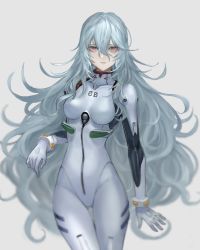 Rule 34 | 1girl, absurdres, alternate hairstyle, ayanami rei, bodysuit, breasts, bryanth, collarbone, cowboy shot, evangelion: 3.0+1.0 thrice upon a time, expressionless, gloves, gluteal fold, grey background, hair between eyes, highres, long hair, looking at viewer, medium breasts, neon genesis evangelion, pale skin, parted lips, plugsuit, rebuild of evangelion, red eyes, silver hair, simple background, solo, thigh gap, very long hair, white bodysuit, white gloves